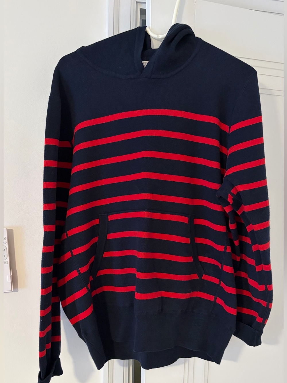 Men's Navy Hooded Crewneck Sweater with Red Stripes